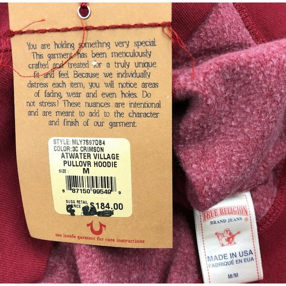 True Religion Atwater Village Hoodie Sweatshirt Mens Medium Red Pullover USA - Picture 6 of 12